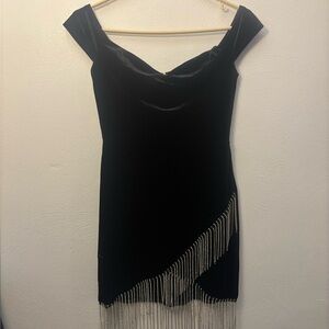Windsor Black Velvet Mini Dress with Sparkly Fringe Size Medium